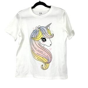 C&A Short Sleeve Crew Neck T-Shirt Girls Size 10 White Unicorn Graphic